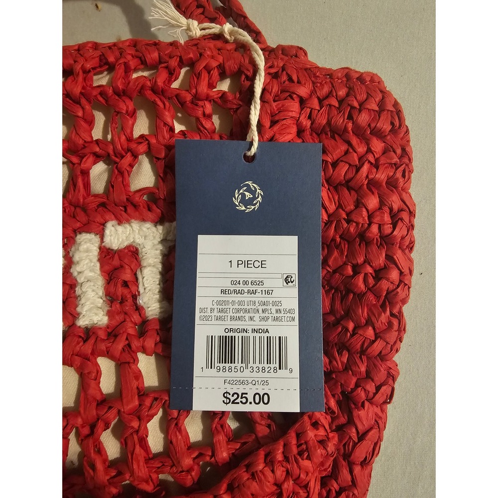 Universal Thread Small Red Raffia Spritz Tote Bag - Picture 3 of 6